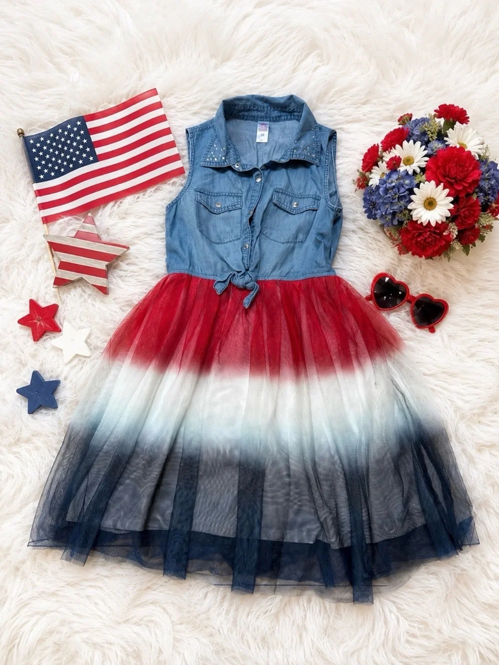 Girls' Sleeveless Denim Top Red White Blue Ombre Tulle Dress 4th of July